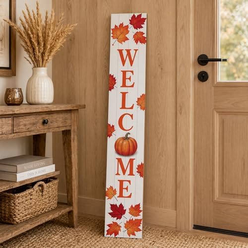 Fall Welcome Porch Sig 47" Tall Vertical Wooden Sign with Pumpkin Maple Leaves Farmhouse Rustic Autumn Thanksgiving Harvest Decoration Standing Hanging for Front Porch Indoor Outdoor - Image 5