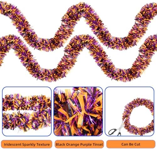 50FT Halloween Garland Halloween Decorations Garlands- Shiny Tinsel Garland for Mantle, Tree, Stairs, Doorway, Party (Orange Purple Black) - Image 3