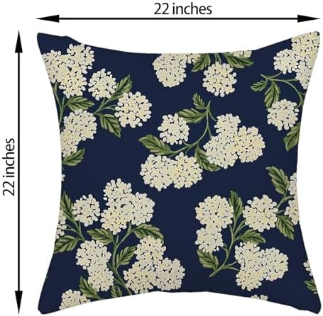 Navy Blue Spring Pillow Covers 22x22 Inch 2 Pcs Green Yellow Hydrangea Flower Decor Throw Pillows Vintage Floral Seasonal Summer Outdoor Decoration Pillowcase Linen Cushion Cover for Couch Sofa - Image 6