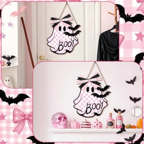 Huwena Halloween Door Signs, Pink Ghost Wooden Hanging Sign, 12" Cute Wall Decor, Spooky Ornament Bow Bat, Wall Hanger Decoration for Front Door Porch Indoor Outdoor Halloween Party Gothic Home Decor - Image 4