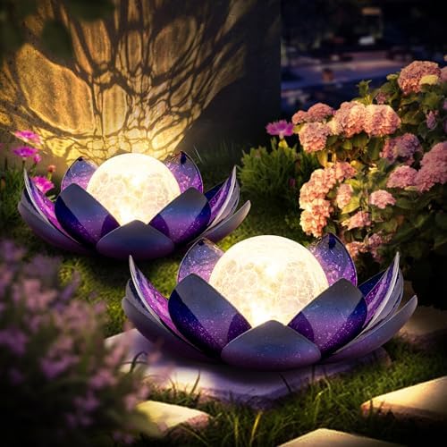 Huaxu Solar Lights Outdoor Decor, Purple Lotus Flower Light, Waterproof LED Crackle Globe Glass Lamp for Garden, Patio, Yard, Porch, Pathway, Ground, Tabletop Gifts for Mom,Women - Image 6