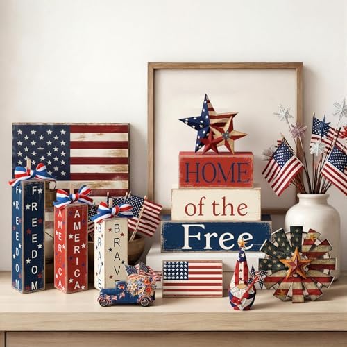 Vercraft 11 Pcs 4th of July Table Decorations Set Patriotic Tiered Tray Decor Retro Red White Blue Wood Block American Flag Decor for 250th Anniversary Independence Day Home Office Shelf - Image 3