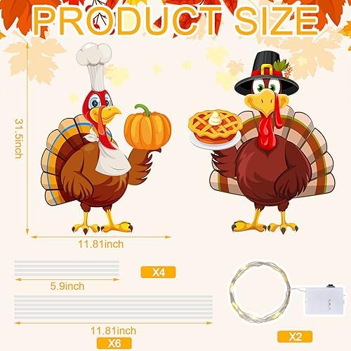 Soaoo 2 Pack Thanksgiving Turkey Yard Signs with LED String Light Outdoor Fall Yard Decorations with Stakes Pumpkin Thanksgiving Lawn Garden Sign for Harvest Party Decorations, 32 x 12 Inch - Image 3