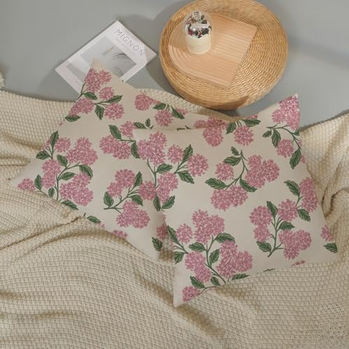 Preppy Pink Spring Pillow Covers 20x20 Inch 2 Pcs Green Hydrangea Flower Decor Throw Pillows Vintage Floral Seasonal Summer Outdoor Decoration Pillowcase Linen Cushion Cover for Couch Sofa - Image 5