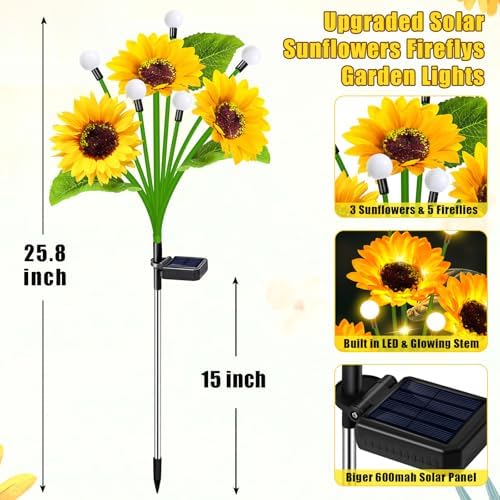 EDOF 6 Pack Sunflower with Firefly Lights,Solar Lights Outdoor Garden Decor - Image 3
