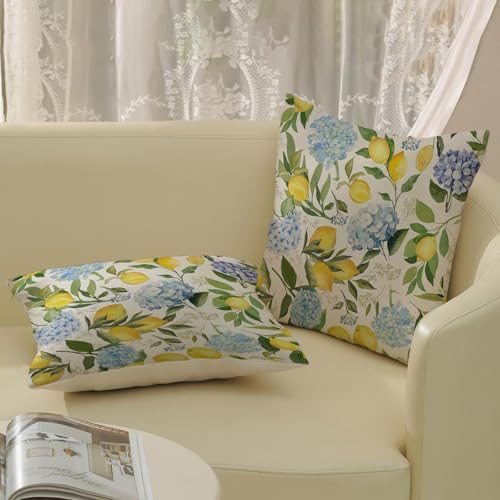 Blue Yellow Pillow Covers 16x16 Inch 2 Pcs Blue Hydrangea Floral Decor Throw Pillows Vintage Lemon Flower Seasonal Summer Outdoor Decoration Pillowcase Linen Cushion Cover for Couch Sofa - Image 4