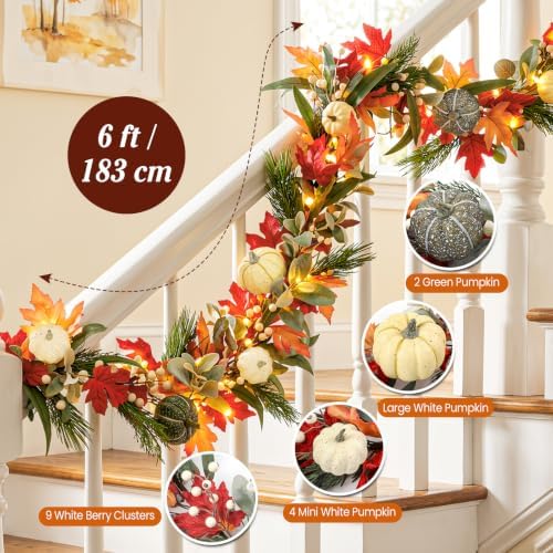 Lewondr 6ft Fall Garland with Lights for Mantel, 20 LED, Maple Leaves - Image 2