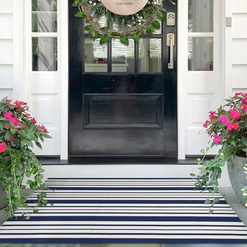 IOHOUZE 2.3x3.6 Striped Outdoor Door Mat, Washable Porch Rug, Navy White by iOhouze