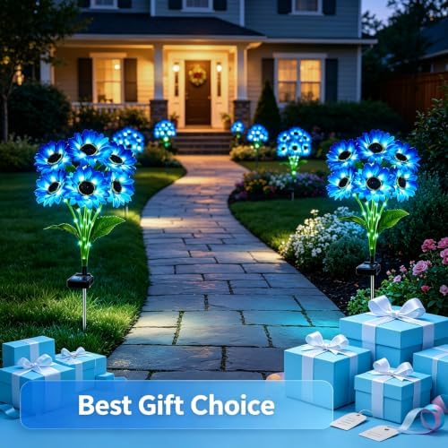 Solar Sunflower Lights Outdoor Garden Decor, 4 Pack Solar Blue Flowers Lights with 18 Sunflowers, Waterproof Fall Decor Stake Decorative Light Auto ON/Off for Garden Yard Patio, Gift for Women - Image 7