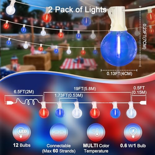 LAMPHOME 2 Pack 26Ft LED G40 Red White and Blue String Lights Outdoor, 4th of July Patriotic Lights with 12+1 Shatterproof Bulbs, Memorial Day Independence Day Decor for Yard Garden Patio - Image 2