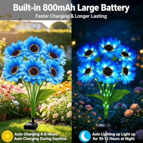 VOOKRY Solar Garden Lights Outdoor, 4 Pack Blue Sunflower Lights with 24 Flowers, Waterproof Summer Garden Decor Solar Flowers for Yard Backyard Patio Flowerbed Yard, Gift for Mom Women - Image 3