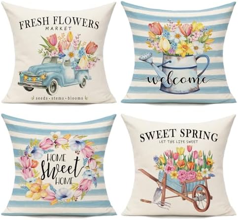 Spring Outdoor Throw Pillow Covers 18x18 Set of 4 Porch Decorative Cushion Cases Floral Farmhouse Flowers Decoration Home Decor for Sofa Couch Bed,Tulips Blue by WOKANI