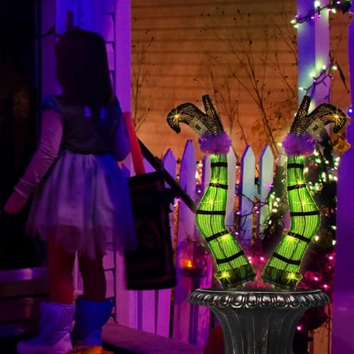 Juegoal Set of 2 Halloween Lighted Wicked Witch Legs with Stakes, 22" Light Up Tinsel Witch Prop, Halloween Yard Signs Timer & 8 Modes, Battery Operated for Outdoor Party Haunted House Garden Decor - Image 5