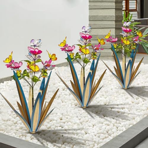 TOMBABY Garden Outdoor Butterfly Enlarge Thickened Wind Resistant Metal Agave Garden Art Metal Plant Country Sculpture Statue Decorations Ornaments Artificial Waterproof Butterflies (Blue 3pcs) by TOMBABY