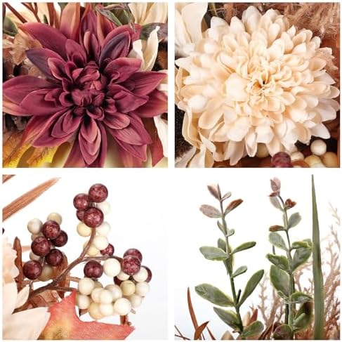Artificial Pumpkin Fall Décor - Autumn Table Centerpieces with Beige Faux Flowers, Maple Leaves, Sunflowers, Pumpkin – Halloween, Thanksgiving & Harvest Home Decoration - Image 4
