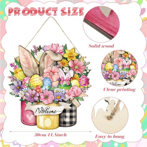 Boao Happy Easter Door Sign Decor for Frontdoor Easter Bunny Egg Welcome Wooden Door Signs Floral Spring Hanging Sign Bunny Rabbit Wreath for Farmhouse Decorations Spring Party Indoor Outdoor Decor - Image 2