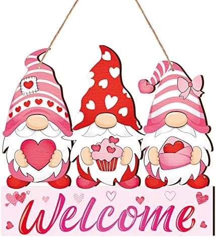 Panelee Valentine's Day Gnome Welcome Sign Valentines Hanging Wreath Sign for Front Door Decor Red Heart Love Decor Sweet Gnome Door Hanger for Home Wall Yard Indoor Outdoor Garden Window by Panelee
