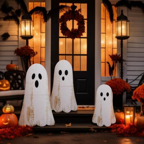 Vercraft 3 Pcs Halloween Outdoor Decorations Ghost Wooden Porch Signs Halloween Yard Decor Welcome Front Door Standing Sign Farmhouse Standing Block for Home Outdoor Display, 15.7, 19.7, 23.6'' - Image 4