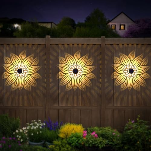 Hapjoy Solar Fence Lights 2 Pack Outdoor Deck Step Wall Lights Metal Waterproof LED Warm Yellow Light for Garden Post Patio Backyard Yard Decor (Flower, 2) - Image 3