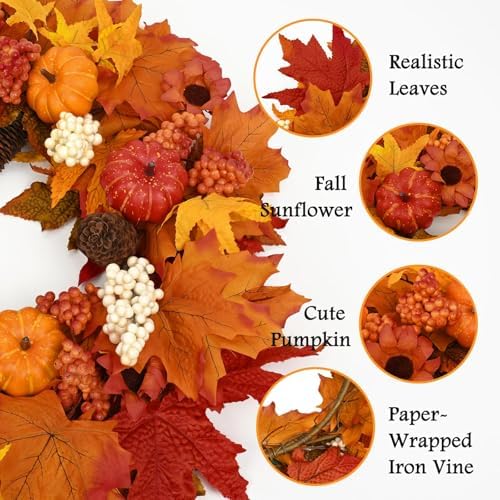 Waipfaru 22" Fall Decor, Fall Wreaths for Front Door, Autumn Wreath - Image 2