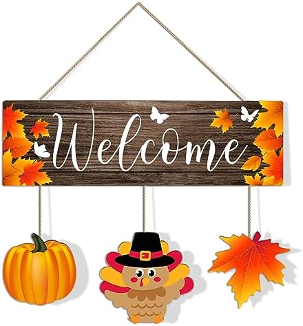 Thanksgiving Door Sign,Thanksgiving Turkey Hanger for Front Door,Fall Turkey Pumpkin Welcome Hanging Decorations, Thanksgiving Day Autumn Wooden Wreath Wood Plaque for Fall Harvest Party Decor by POILKMNI