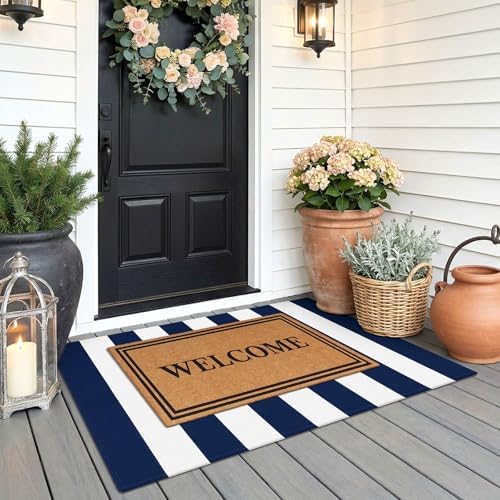 KOZYFLY Blue and White Area Rug 27.5x43 Inches Striped Front Door Rug - Image 2