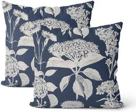 Vintage Floral Pillow Covers 18x18 Inch 2 Pcs Boho Navy Blue Hydrangea Flower Decor Throw Pillows Spring Summer Seasonal Outdoor Farmhouse Decoration Pillowcase Linen Cushion Cover for Couch by DAFENA