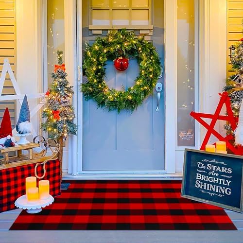 Ckorzen Red and Black Plaid Rug, 3' x 5' Christmas Front Porch Outdoor Rug, Handwoven Cotton Washable Rug for Layered Door Mats, Holiday Entryway and Home Décor by Ckorzen