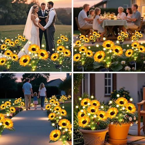 4 Pack Solar Sunflowers with Firefly Lights Garden Decor Gifts - Image 2