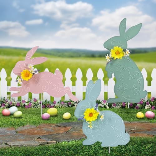 Easter Decorations Outdoor,3 Pack Metal Bunny Yard Sign Stakes for Outside,Pastel Rabbit Silhouettes Garden Decor for Lawn,Happy Easter Women Gifts by HokfirmHomeDecorGarden