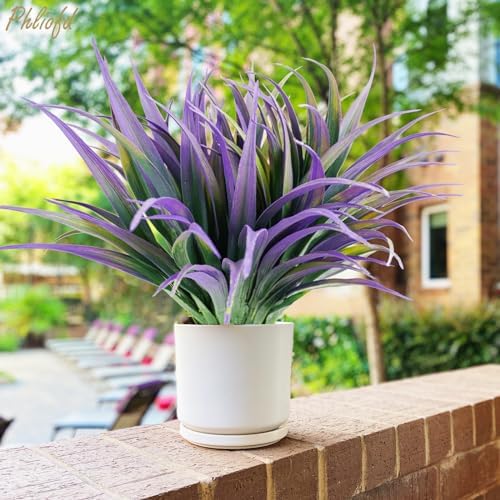 6Pcs Artificial Grass Fake Plants 17.3in Outdoor Plants UV Resistant Faux Greenery Stems Fake Grass for Home Window Garden Office Patio Pathway Front Porch Halloween Décor Green & Purple - Image 2