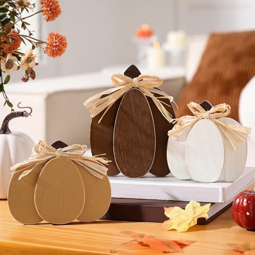 Ferraycle 3 Pcs Fall Pumpkin Decor, 3D Wooden Pumpkin Tabletop Decor - Image 2