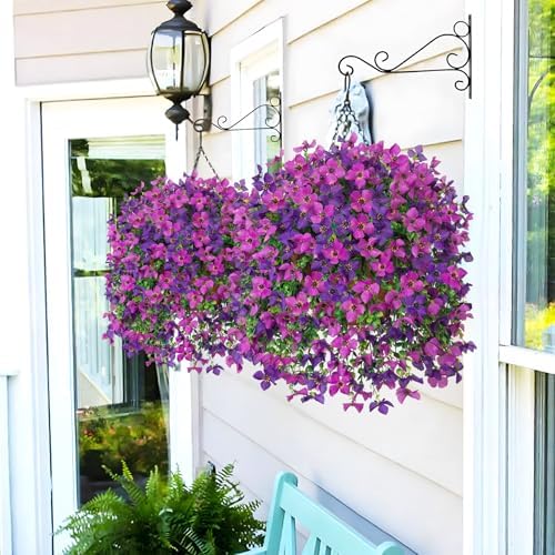 INXUGAO Artificial Hanging Flowers Plants with Basket for Outdoors, Realistic Faux Silk Daisy Flower Eucalyptus for Spring Decor, UV Resistant Fake Plants for Porch Patio Yard Balcony, Violet - Image 7