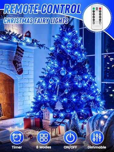 2 Pack 100 LED Fairy Lights Battery Operated with Remote Timer, 33 FT Blue - Image 2
