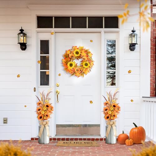 Glitzhome 2 Set Fall Sunflower Leaf Tree, Artificial Potted Porch Tree, Decorative Front Door Orange, 39.75''H - Image 2