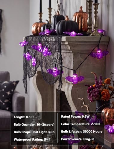 8.5Ft Outdoor Halloween String Lights with 10 Purple Bat Lights Plug in - Image 3