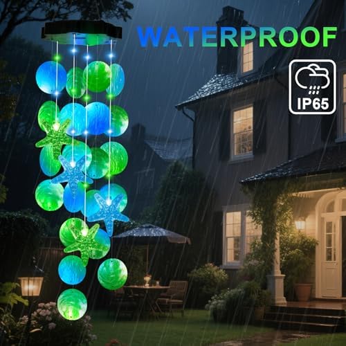(New) Gift for Women Wife Sister Grandma Mom, Solar Wind Chimes, 2 Modes Natural Shells Outdoor Wind Chime for Garden Yard Window Decor - Blue&Green - Image 3