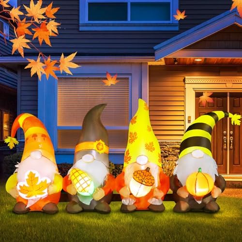 DomKom 8FT Thanksgiving Inflatables Outdoor Decorations, Four Gnomes Fall Blow up Built-in LED Lights for Yard Autumn Holiday Harvest Decor - Image 2