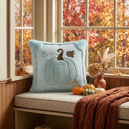 AVOIN colorlife Blue Fall Pumpkin Throw Pillow Covers 18x18 Inch 2PC - Image 3