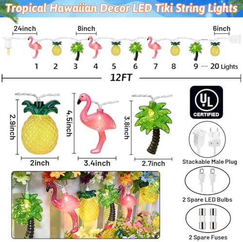 12FT 20LED Summer Hawaiian Themed Party Decorations Lights - LED Tropical Hawaiian String Lights Flamingo Pineapple Palm Tree Lights Waterproof for Summer Tropical Pool Beach Luau Party Decorations - Image 4