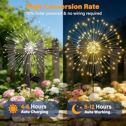Solar Garden Lights Outdoor Decor Waterproof, 4Pack 120LED Firework Lights for Garden Decorative, Fairy Lights Solar Powered for Yard, Patio,Pathway,Flowerbed,Planter,Party(Warm White) - Image 3