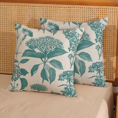 Aqua Teal Pillow Covers 18x18 Inch 2 Pcs Boho Vintage Floral Decor Throw Pillows Hydrangea Flower Summer Outdoor Farmhouse Neutral Accent Decoration Pillowcase Linen Cushion Cover for Sofa - Image 2