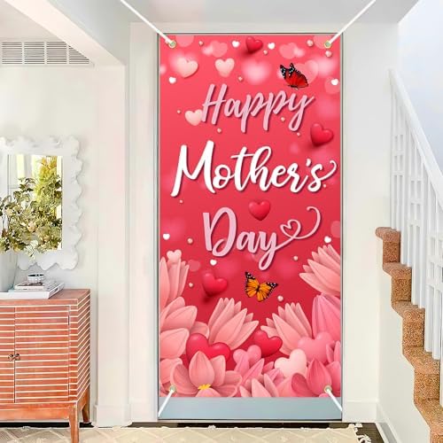 Happy Mother's Day Door Cover Pink Heart Flowers Mom Gifts for Indoor Decoration Photography Background Banner Yard Porch Sign for Spring Outside Front Door Banner Farmhouse Party Supplies 6 x 3 Feet - Image 6