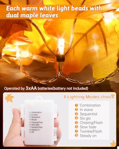 2Pack [8 Lighting Modes & Timer] Fall Decor Maple Leaf Garland with Lights 80LED Battery Operated Waterproof, Fall Decorations for Home Outdoor Indoor Thanksgiving Decor Halloween Friendsgiving Autumn - Image 3