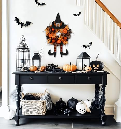 Halloween Wreath for Front Door 16" Tinsel Black Witch Wreath with Hat Legs and Orange Pumpkin for Fall Autumn Indoor Window Door Thanksgiving Halloween Decorations - Image 4