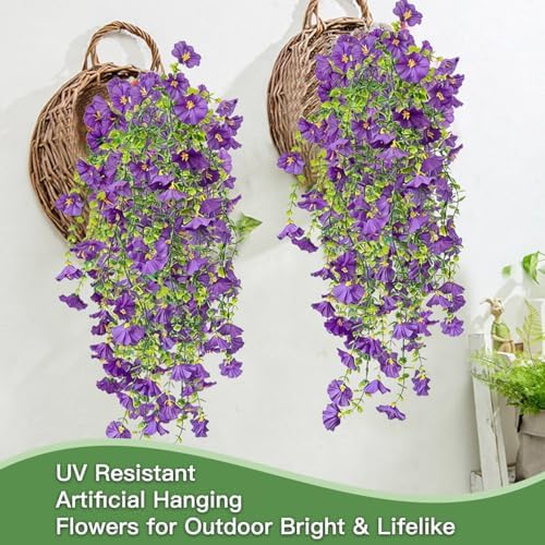 Artificial Flowers for Outdoors Fake Morning Glory Hanging Flower Decoration, 2 Pcs Realistic Faux Plants Petunias Trailing Vines, Spring Summer Decor for Porch Patio Balcony Planter Yard(Purple) - Image 4