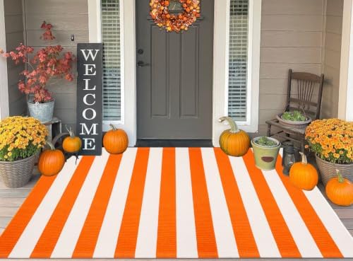 Fall Outdoor Patio Rug 4' x 6' Orange White Washable Striped Outdoor Rug - Image 6