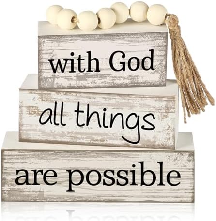 Yuntau 4 Pcs Farmhouse Christian Table Decor with Beads Tassel Block Sign by Yuntau