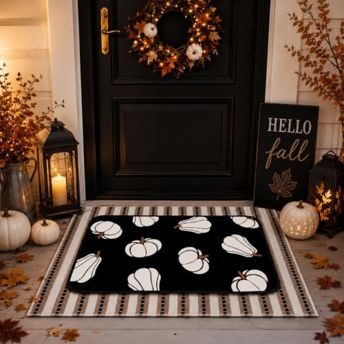 Tinideya 2 Pcs Halloween Layered Doormat Set, Neutral Pumpkin Outdoor Front Door Mat with Striped Layering Rug, Non Slip Fall Halloween Porch Entryway Outside Decor by Tinideya