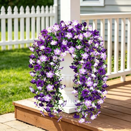 Artificial Hanging Flowers for Outdoors, 6 PCS 414 Blooms UV Resistant Faux Silk Morning Glory Hanging Vines for Porch Balcony Window Box Patio Garden Decor, Purple & Lightpurple - Image 5